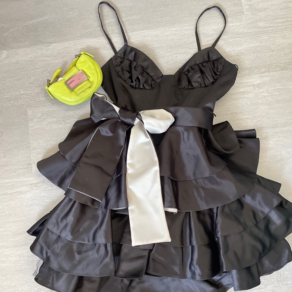 ABS Allen Schwartz Black Two-Tone Layered Satin Dress *Original $299*